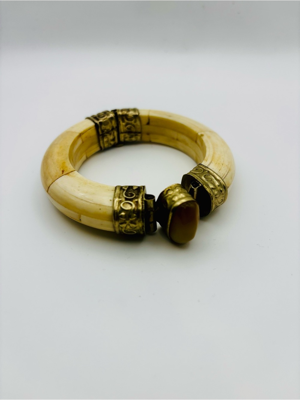 1970s Boho Ethnic Clamper Bangle Bracelet - Tiger’s Eye & Carved Bone